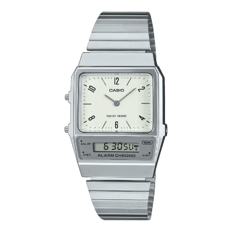 Casio Watch Vintage White Grey Dual Time Steel Flat Link AQ-800E-7A2DF