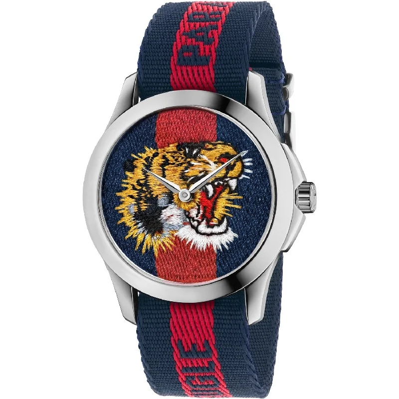 Gucci Men's YA126495 Le Marches des Marveilles Embroidered Tiger Red and Blue Nylon Watch