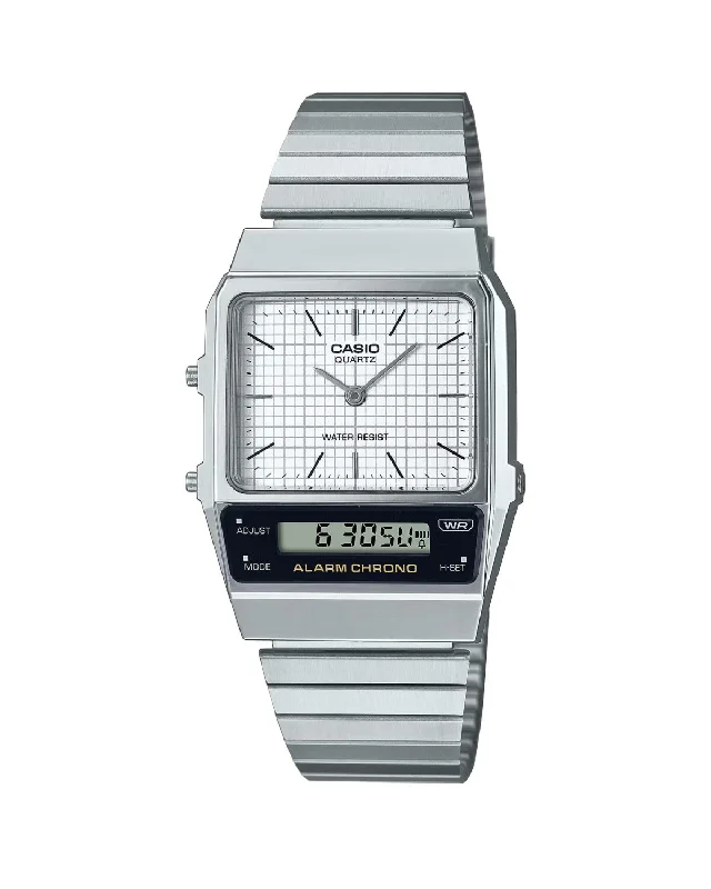 Casio Watch Vintage White Dual Time Steel Flat Link AQ-800E-7ADF