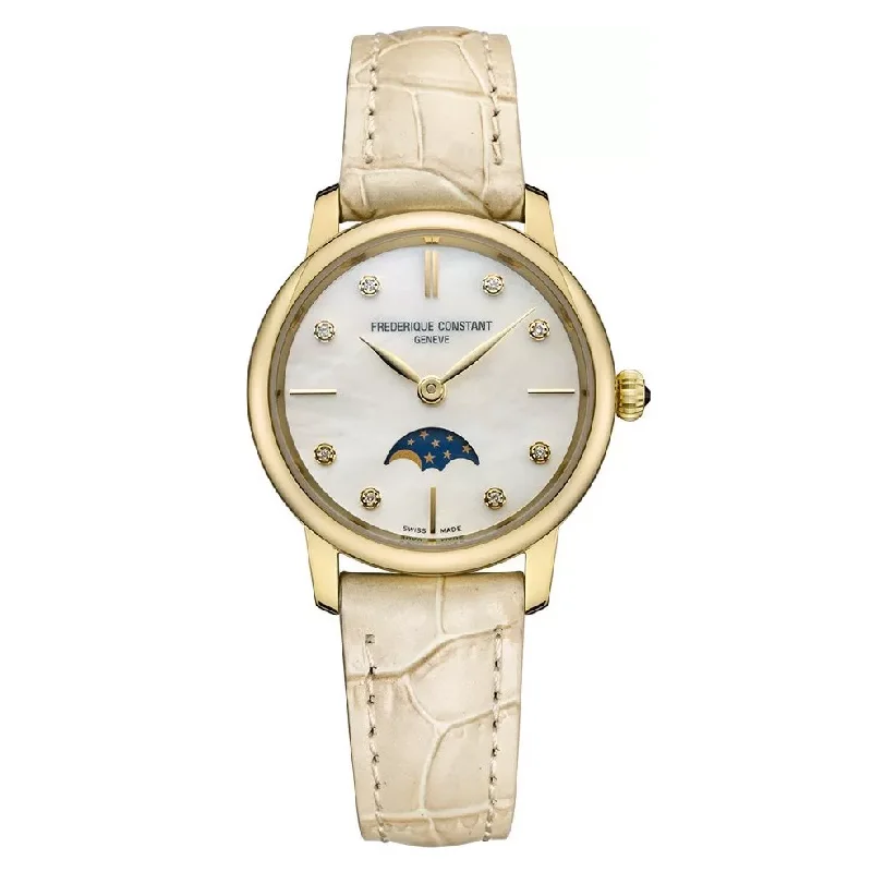 Frederique Constant Watch Slimline Moon Phase Diamond Beige Leather FC-206MPWD1S5